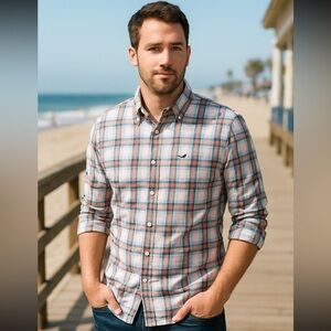 HOLLISTER California Shirt Mens long sleeve XL White Orange Blue Plaid Y2K